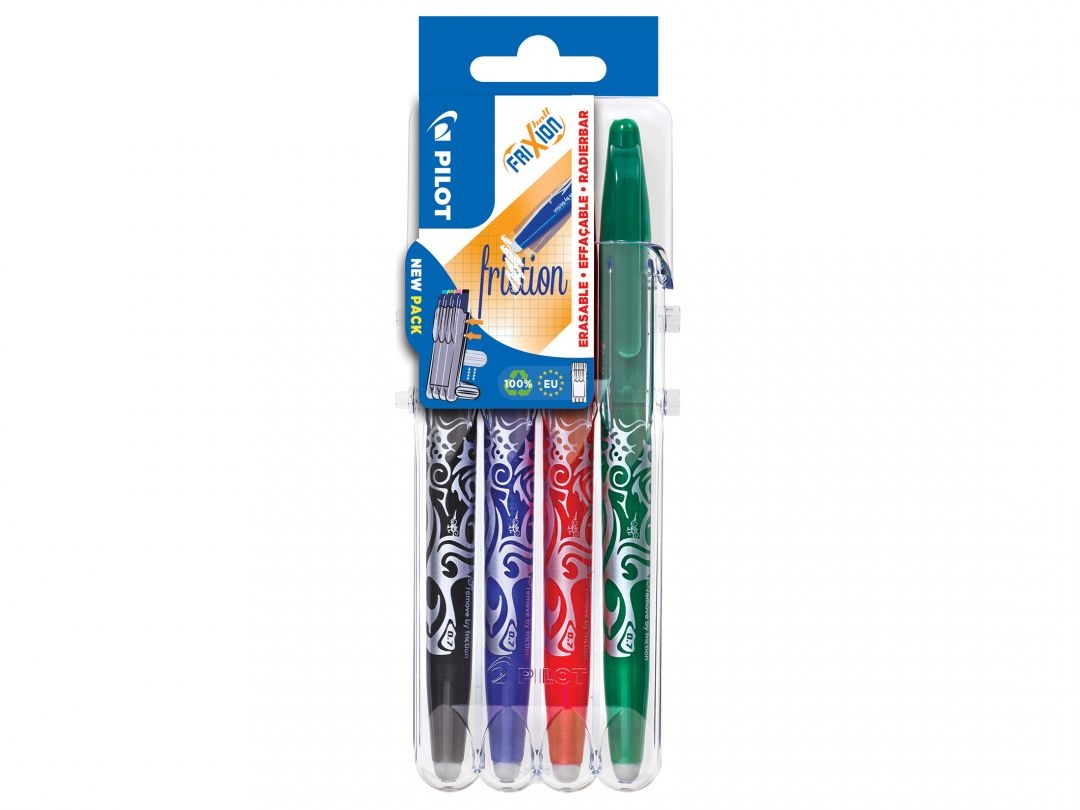 Pilot Frixion Ball Set di 4 Penne a Sfera Cancellabili 0,7 mm - Nero, Blu, Rosso, Verde con Portapenne Ecologico