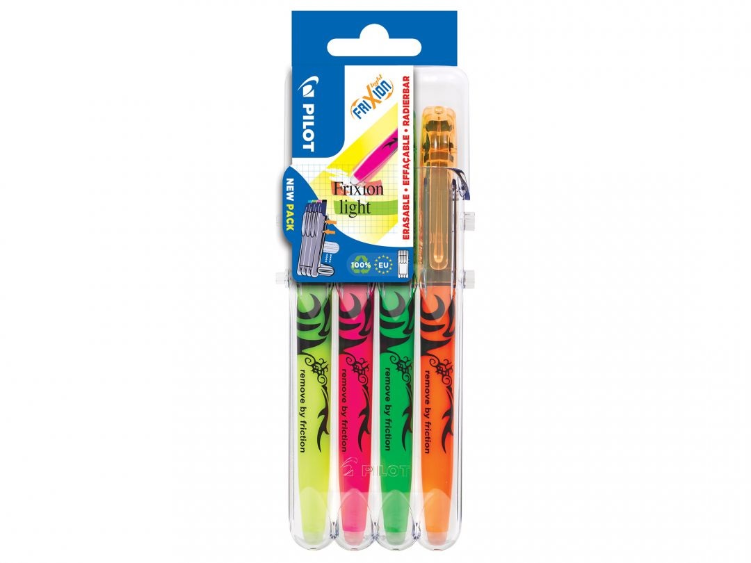 Pilot Frixion Light - Evidenziatori a Penna Cancellabili, Punta 3,3 mm, 4 Colori Assortiti con Astuccio Ecologico Set2go