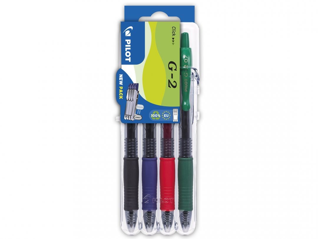 Pilot G-2 Penna a Gel Retrattile 0,7 mm - Set da 4 Colori Assortiti (Nero, Blu, Rosso, Verde) con Astuccio Ecologico Set2go