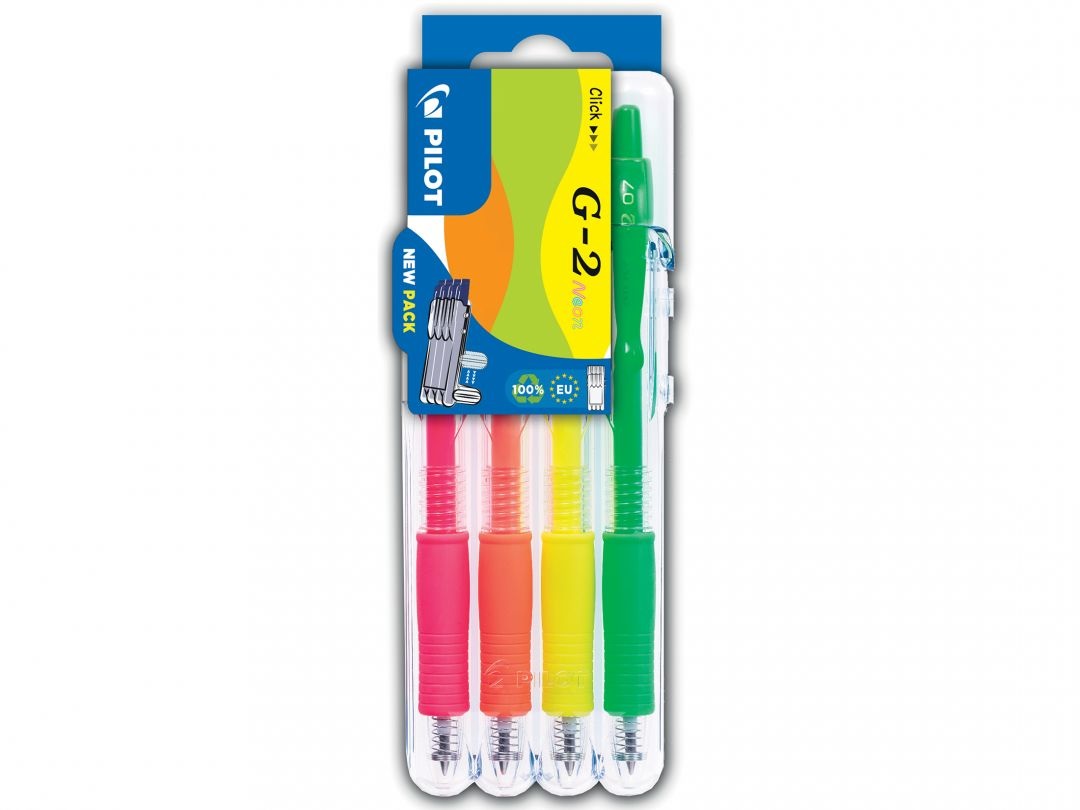 Pilot G2 Neon - Penne gel a scatto 0,7 mm - Set di 4 colori assortiti con astuccio ecologico