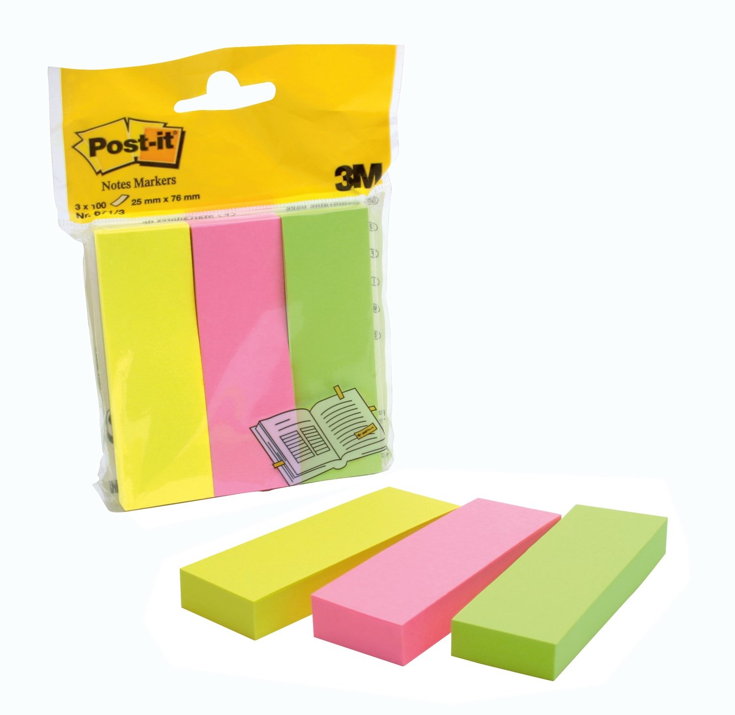 Post-it 671-3 Segnapagina in Carta Neon - 25 x 76 mm - 300 Fogli in Giallo, Rosa e Verde