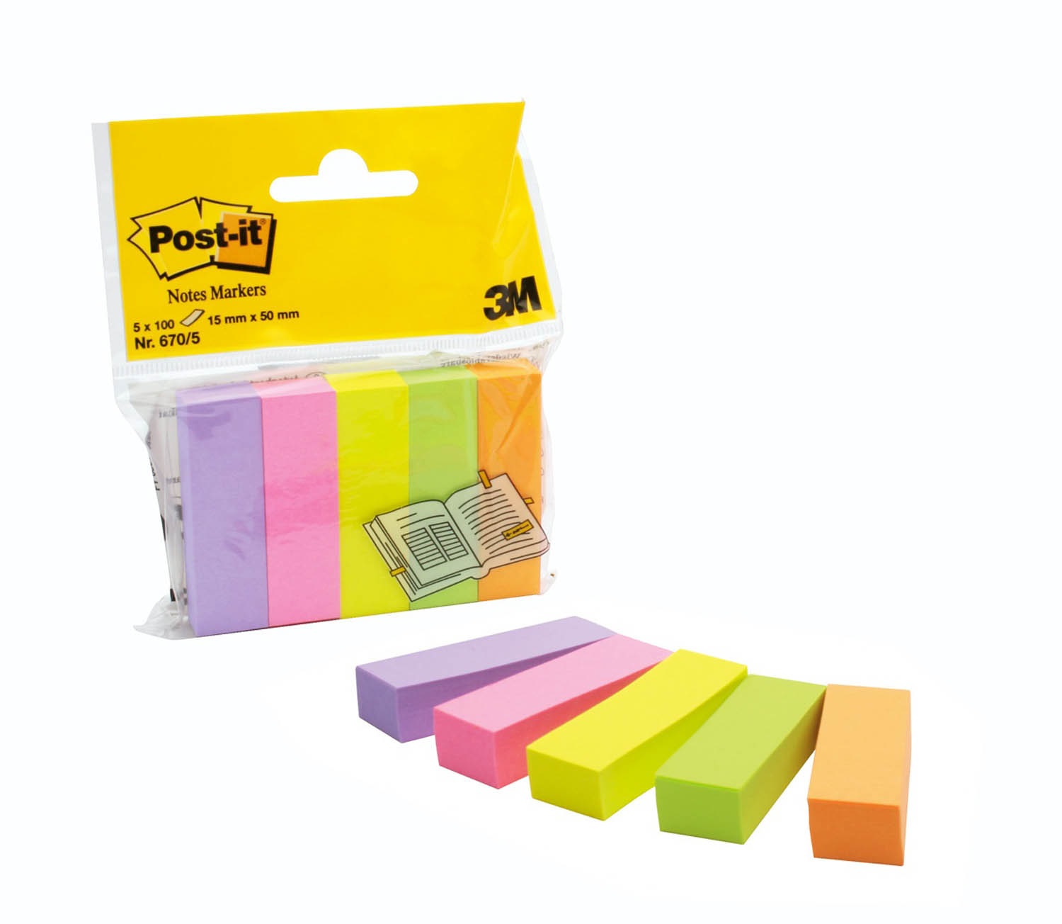 Post-it 670-5 Segnapagina in Carta Autoadesivi - 15 x 50 mm - 5 Colori Assortiti - Confezione da 500 Fogli