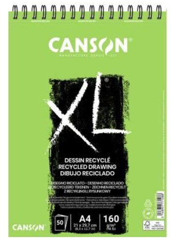 Canson Blocco Spiralato XL Recycled A4 - 50 Fogli di Carta da Disegno 160 g/m² con Grana Fine a Nido d'Ape