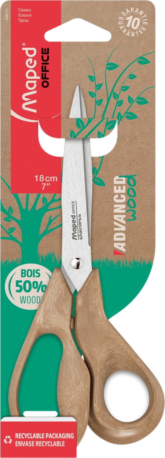 Maped Forbici Simmetriche Advanced Wood 17 cm - Acciaio Inossidabile, Manici in Fibra di Legno Composito, Ergonomiche con Garanzia 10 Anni