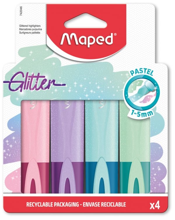 Maped CF4 Evidenziatori Glitter Pastel - Confezione da 4 Colori Assortiti con Punta Scalpello