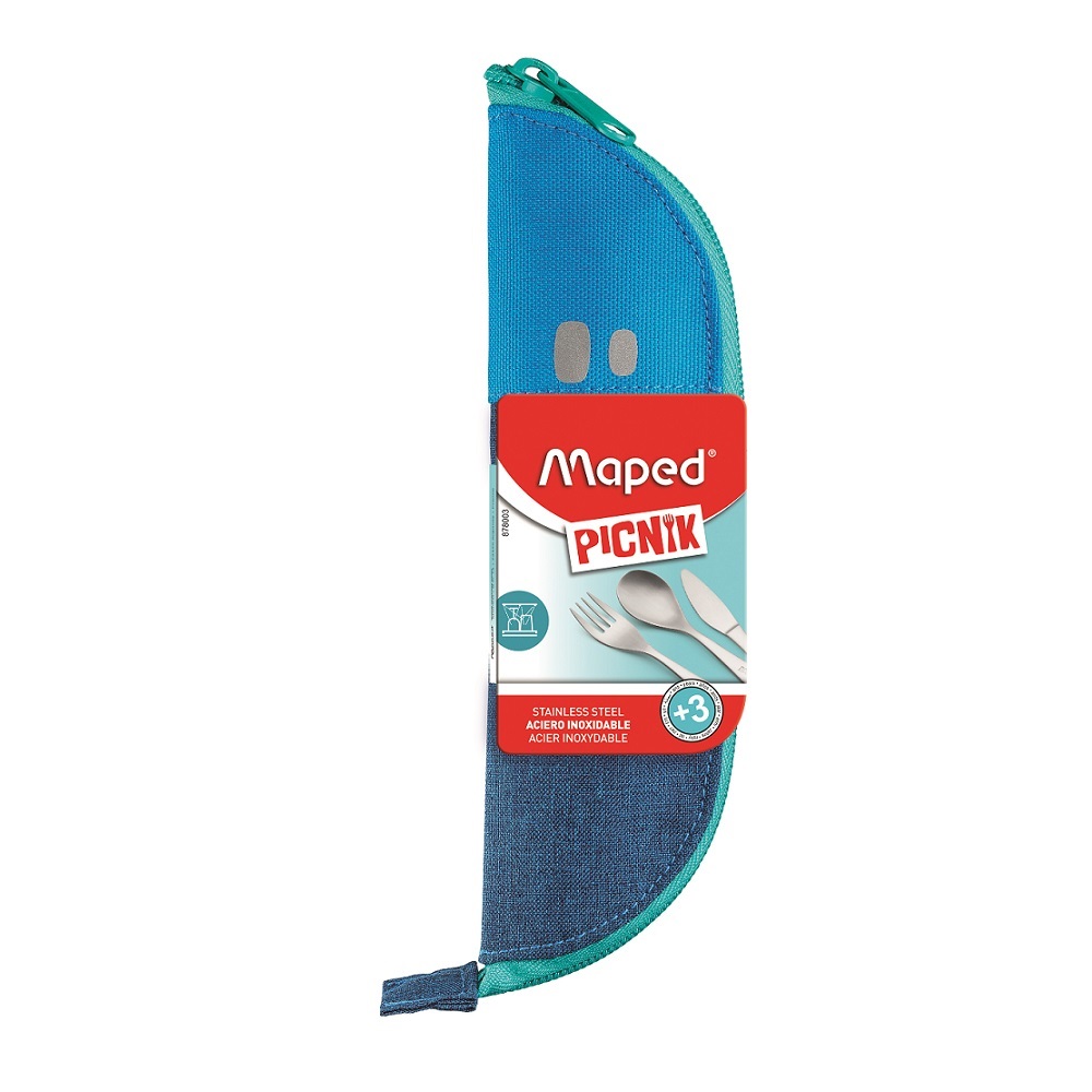 Maped Astuccio Picnik Concept Blu con Posate in Acciaio Inox per Bambini (Forchetta, Coltello, Cucchiaio)