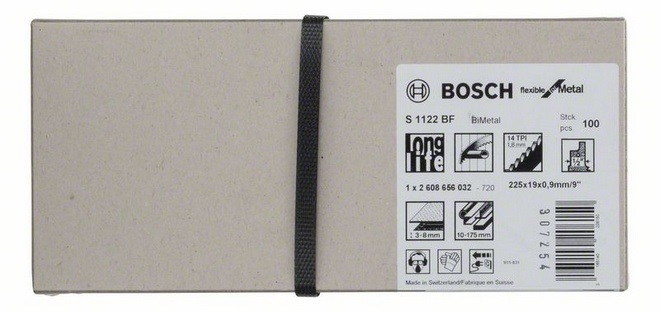 Bosch S 1122 BF - Lama Flessibile per Metallo, 225 mm, 100 Pezzi, Compatibile con Seghe Universali