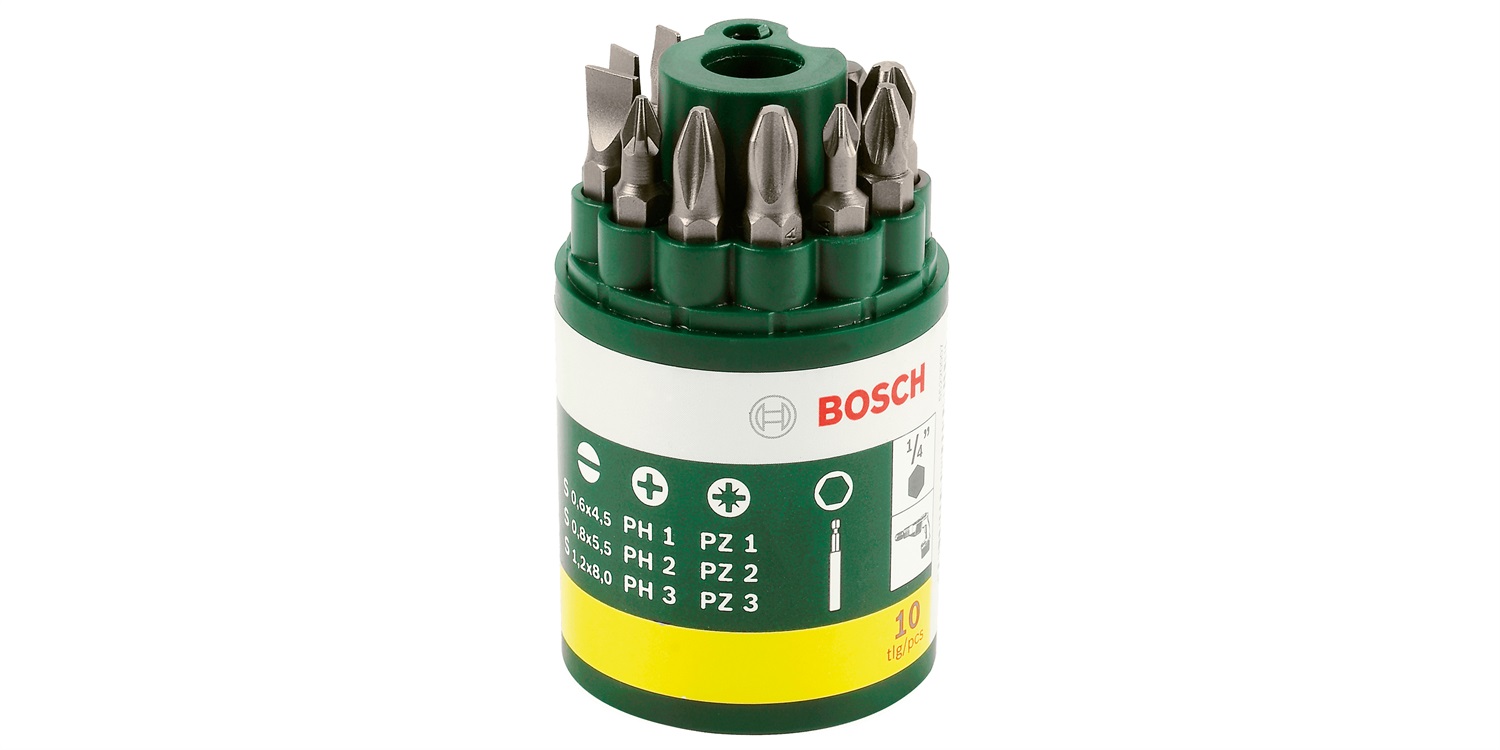 Bosch Barattolo di Inserti per Avvitamento, 10 Pezzi con Bit Pozidriv, Phillips e a Taglio