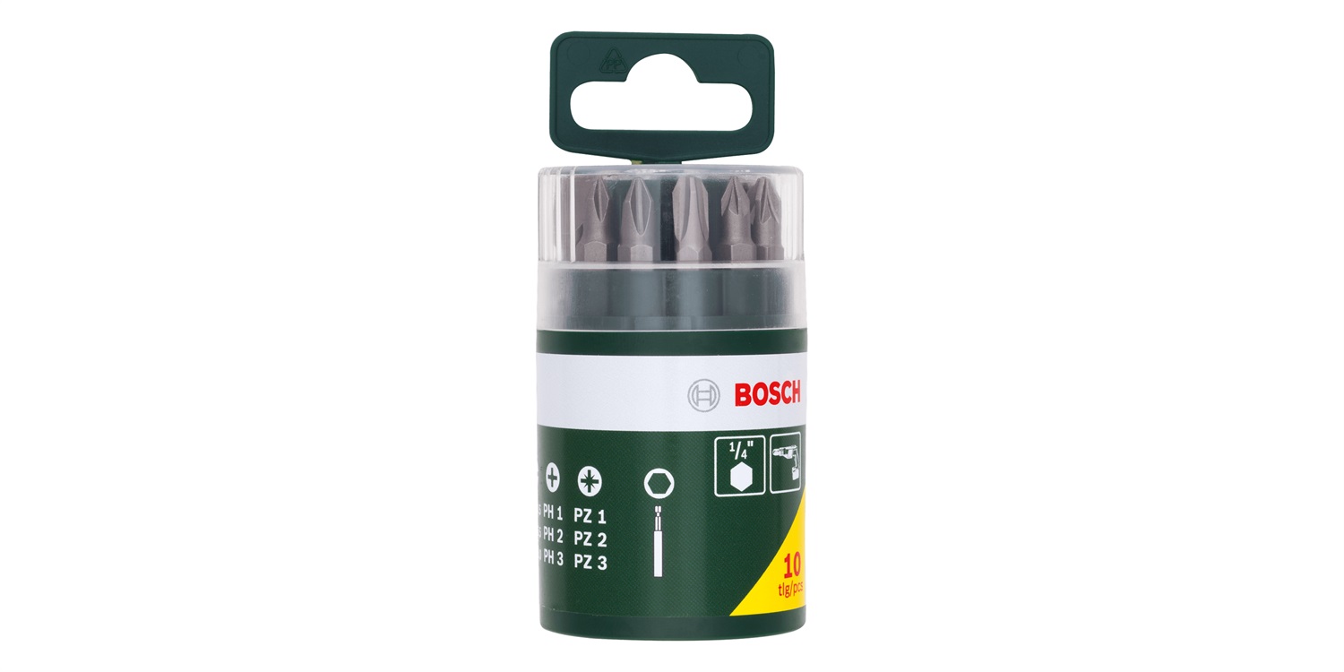 Bosch Barattolo di Inserti per Avvitamento, 10 Pezzi con Bit Pozidriv, Phillips e a Taglio