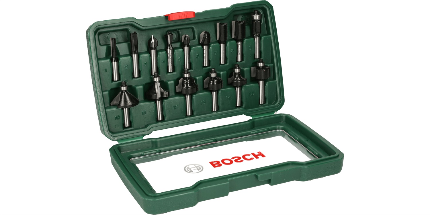 Bosch Set da 15 Pezzi di Frese in Metallo Duro per Legno, 45 x 40 x 25 cm, Compatibile con Fresatrici Verticali da 8 mm
