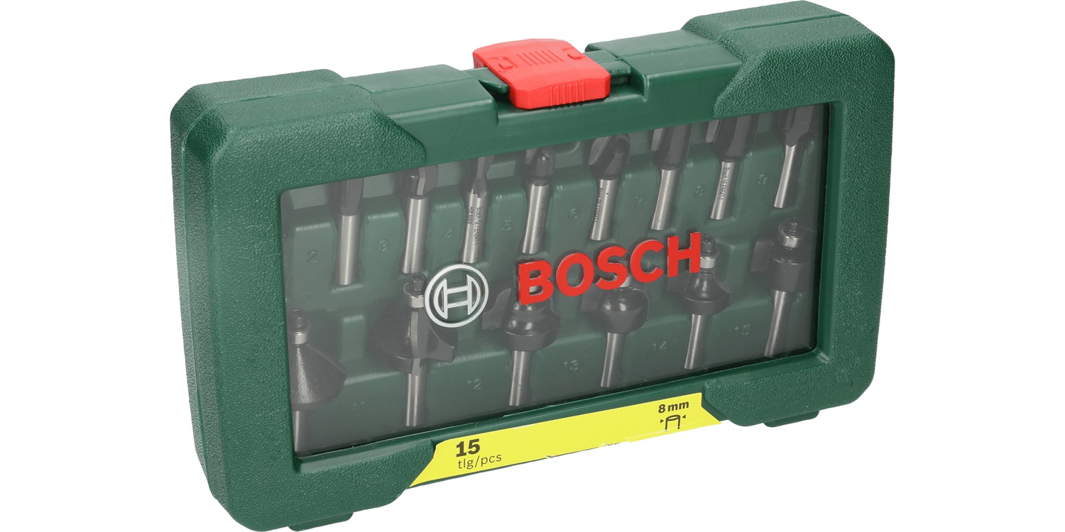 Bosch Set da 15 Pezzi di Frese in Metallo Duro per Legno, 45 x 40 x 25 cm, Compatibile con Fresatrici Verticali da 8 mm