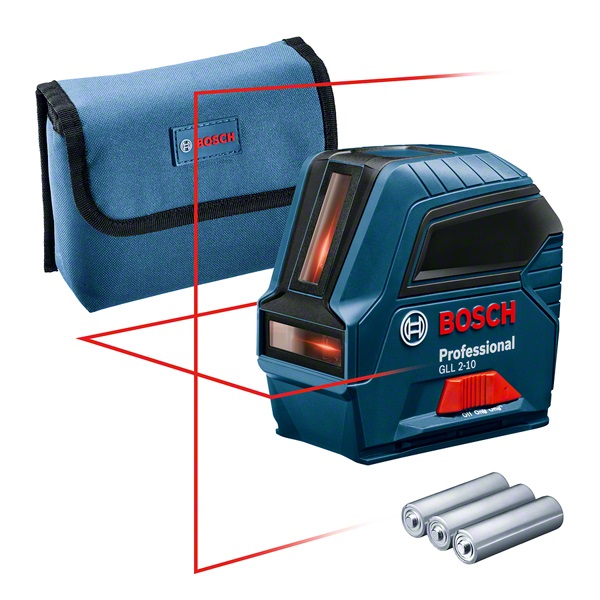 Bosch GLL 2-10 Professional Livella Laser Rosso da Interno - Raggio d'Azione Fino a 10 m, 3x Pile AA, Custodia Protettiva, Auto-Livellamento