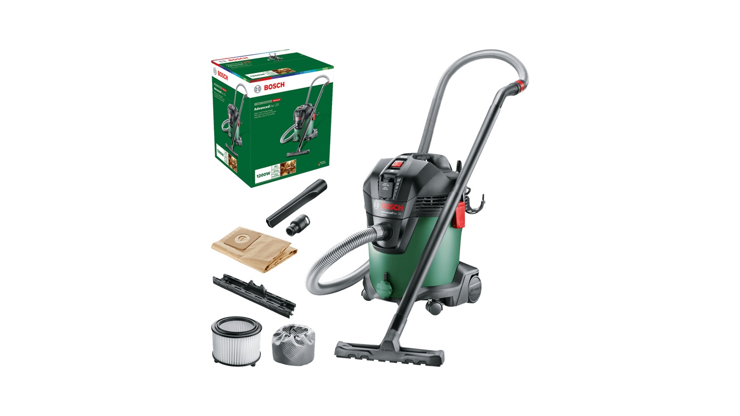 Bosch AdvancedVac 20 Aspirapolvere Multifunzionale 1200 W, 20 L, Aspirazione a Secco e Umido, Funzione Soffiaggio, Interruttore Automatico