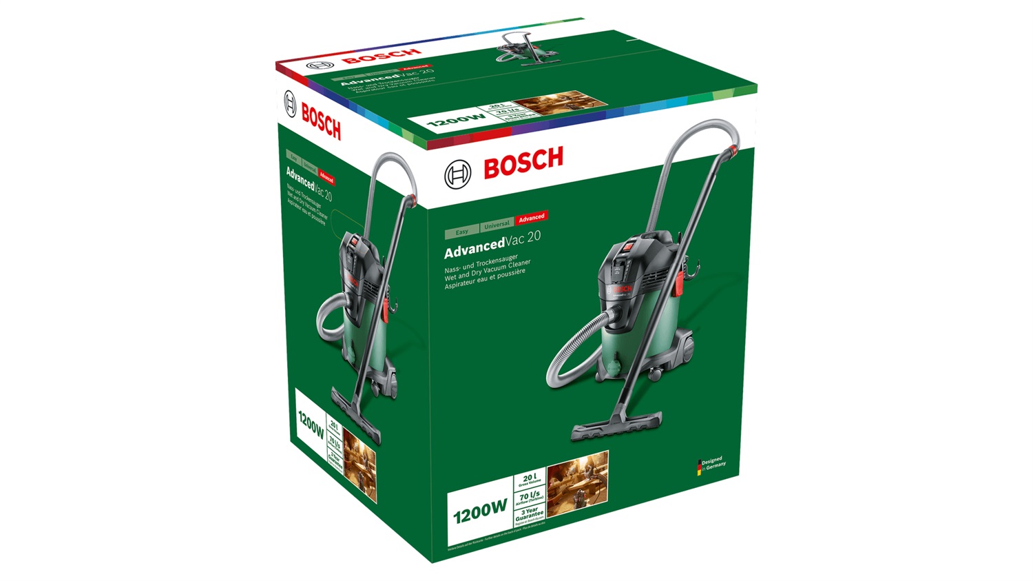 Bosch AdvancedVac 20 Aspirapolvere Multifunzionale 1200 W, 20 L, Aspirazione a Secco e Umido, Funzione Soffiaggio, Interruttore Automatico