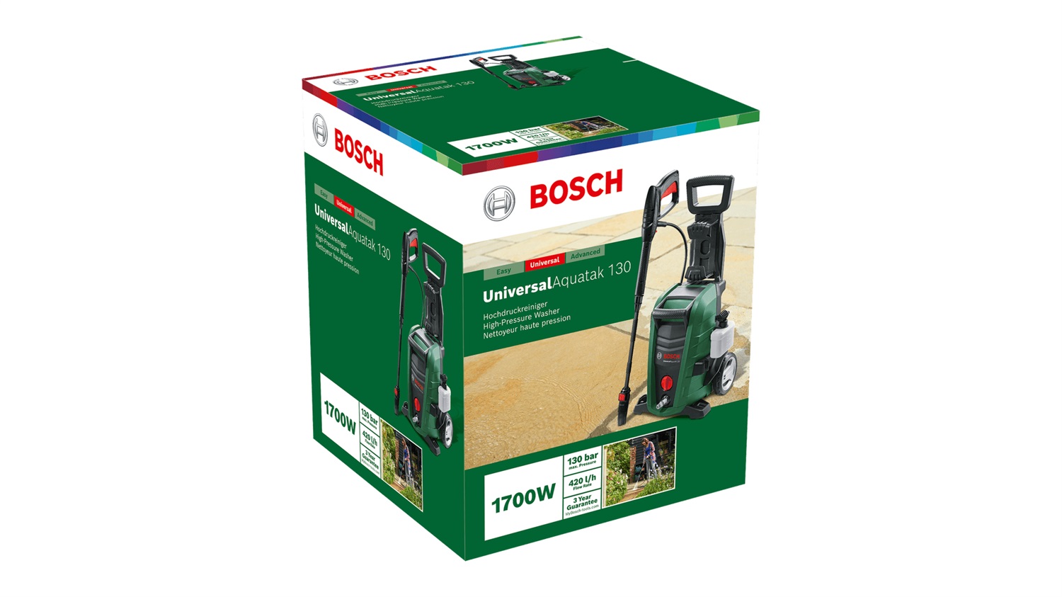 Bosch Home and Garden UniversalAquatak 130 - Idropulitrice Elettrica 1700W, 130 bar, 380 l/h, 2 Ugelli, Tubo Flessibile 6m, Maniglia Estendibile