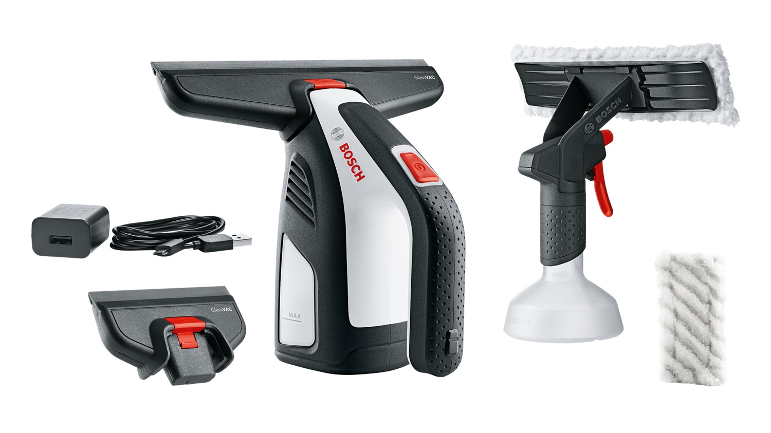 Bosch GlassVAC Lavavetri Elettrico a Batteria 0,1 L - Nero, Rosso, Argento, con 2 Testine e Spruzzino, Caricabatteria USB e Panno in Microfibra