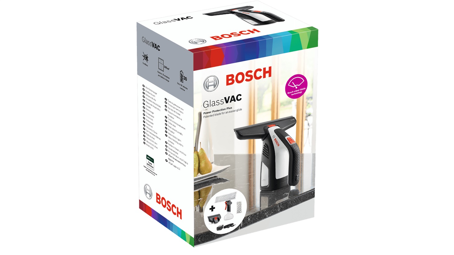 Bosch GlassVAC Lavavetri Elettrico a Batteria 0,1 L - Nero, Rosso, Argento, con 2 Testine e Spruzzino, Caricabatteria USB e Panno in Microfibra