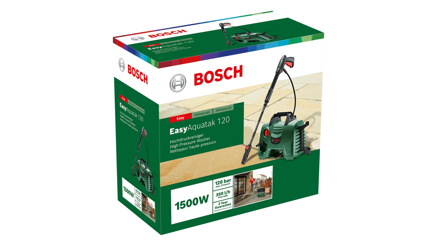 Bosch EasyAquatak 120 Idropulitrice Compatta Elettrica 1500 W, 350 l/h, 3 Ugelli, Filtro Trasparente, Cavo e Tubo Flessibile 5 m