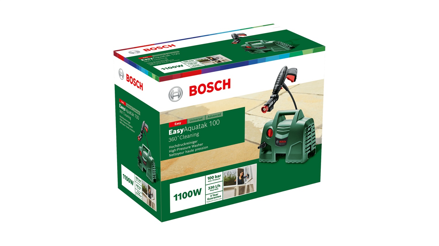 Bosch Easy Aquatak 100 - Idropulitrice Compatta Elettrica 1100 W, 270 l/h, 100 bar, Ugello Regolabile a 360°