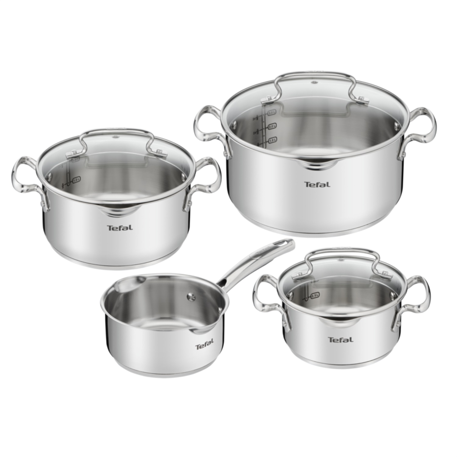 Tefal Duetto Set di Pentole 7 pz in Inox, Compatibile Induzione, Manici Rivettati, Coperchi in Vetro