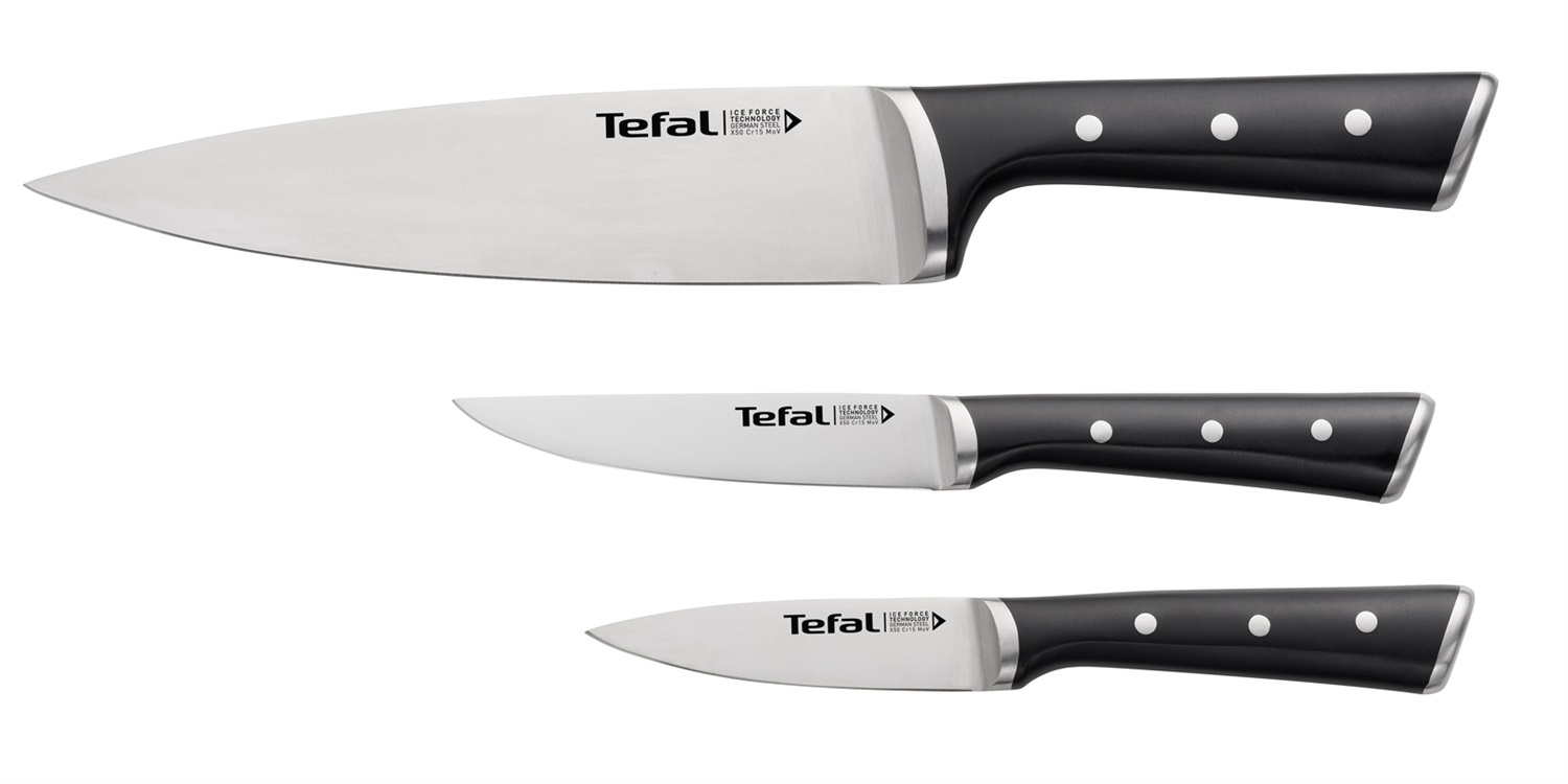 Tefal Ice Force Set di 3 Coltelli in Acciaio Inox - Coltello da Chef 20 cm, Coltello Multiuso 11 cm, Pelapatate 9 cm, Manico Ergonomico