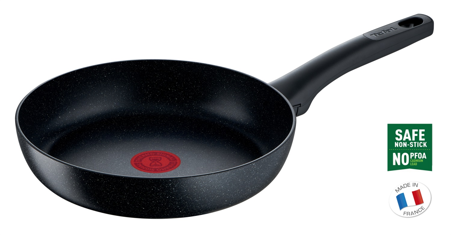 Tefal Black Stone - Padella da 24 cm con rivestimento antiaderente Mineralia , segnale termico e adatta per induzione, effetto pietra, colore Nero