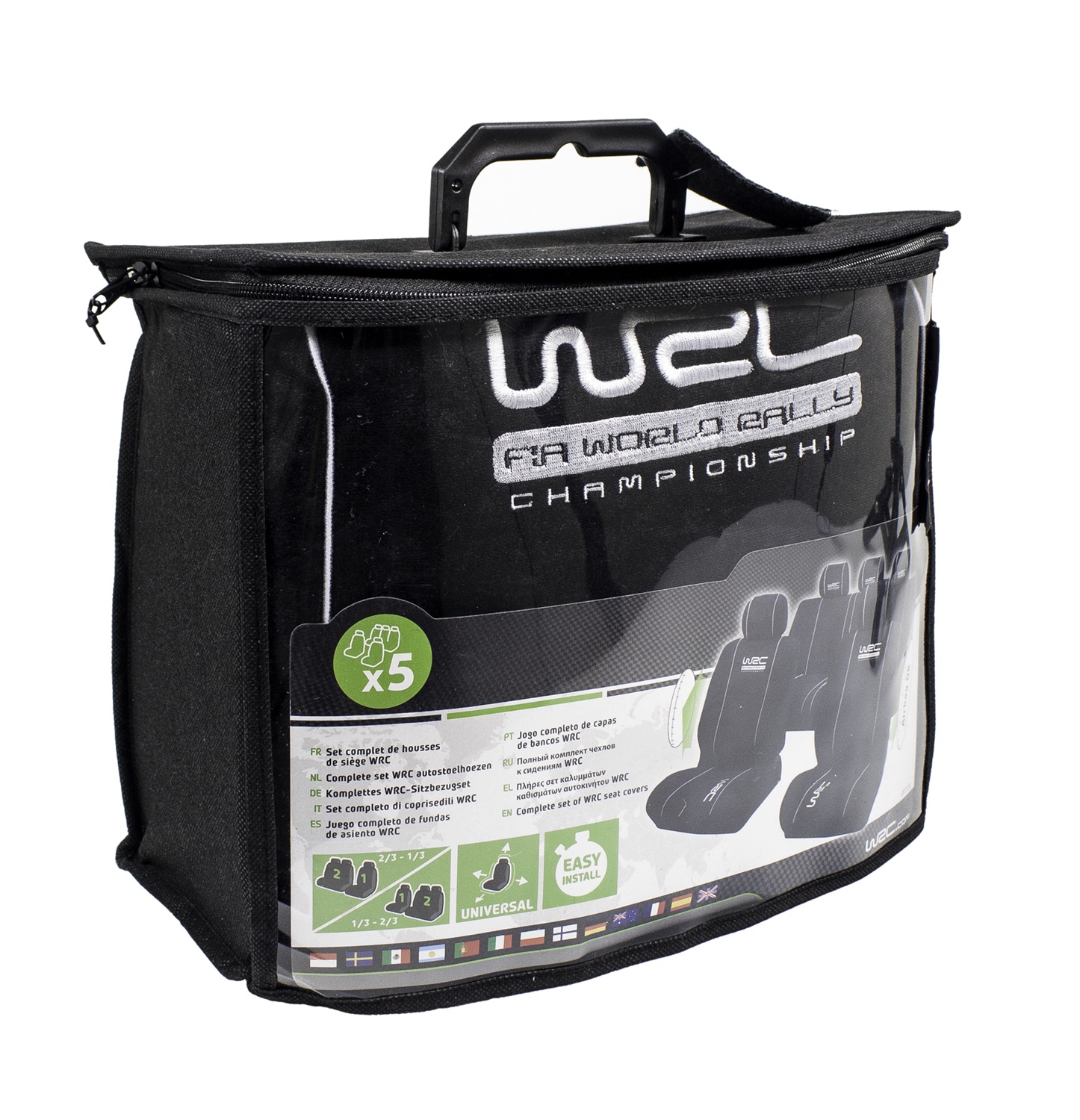 WRC Set Completo di Fodere per Sedili Universali Nere con Logo - Compatibili con Airbag Laterali, Facili da Montare