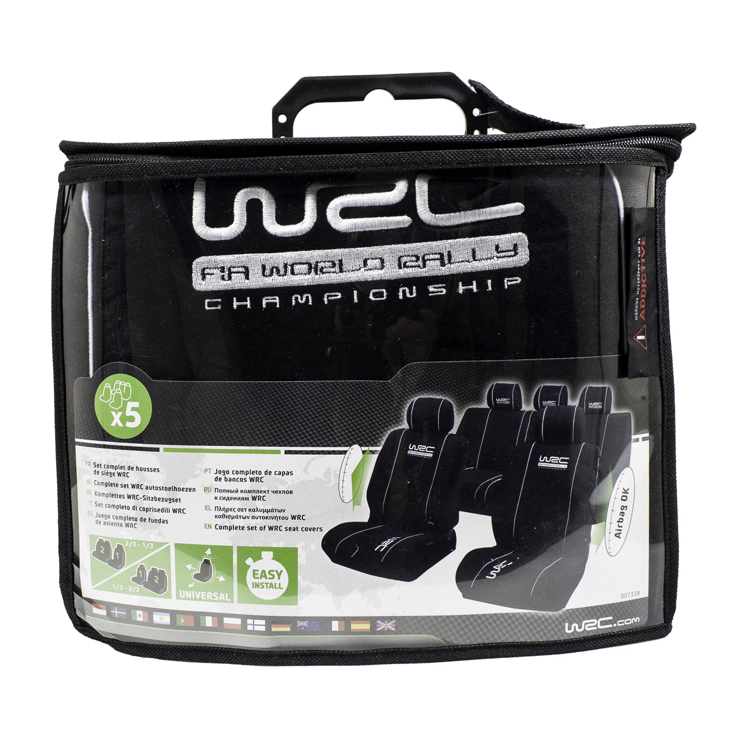 WRC Set Completo di Fodere per Sedili Universali Nere con Logo - Compatibili con Airbag Laterali, Facili da Montare