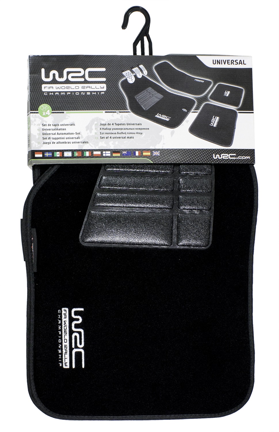 WRC 007434 Set di 4 Tappeti Universali Neri in Moquette e Velluto con Logo Ricamato e Supporto Antiscivolo