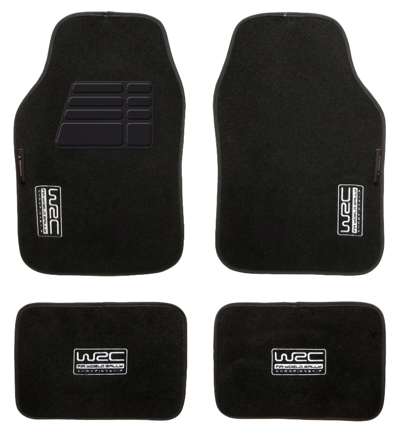 WRC 007434 Set di 4 Tappeti Universali Neri in Moquette e Velluto con Logo Ricamato e Supporto Antiscivolo