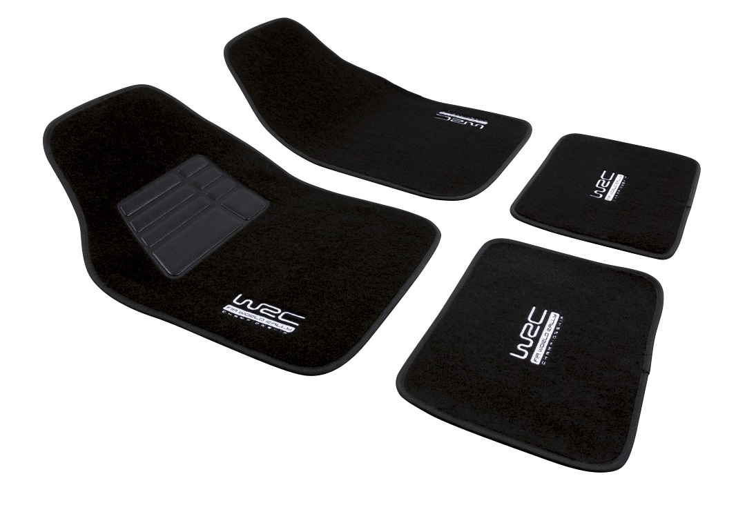 WRC 007434 Set di 4 Tappeti Universali Neri in Moquette e Velluto con Logo Ricamato e Supporto Antiscivolo