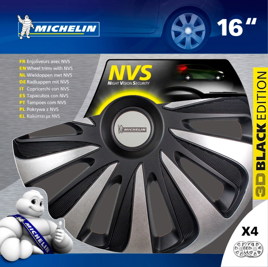 MICHELIN NVS 3D Black Edition Copricerchi 16 Pollici Nero Lucido - 4 Pezzi, Resistente e Sicuro