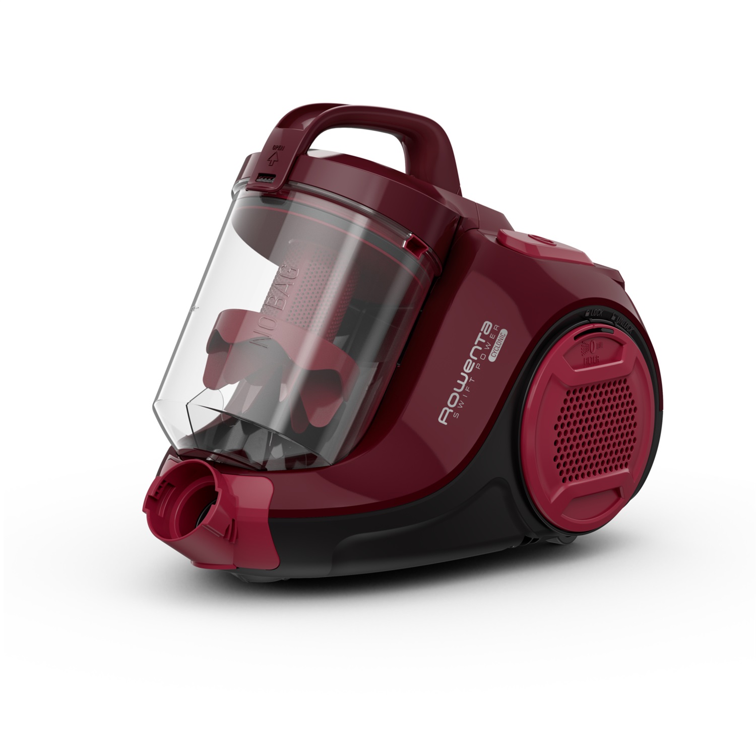 Rowenta Swift Power RO2933 Aspirapolvere a Traino Senza Sacco, 750 W, Tecnologia Ciclonica, Design Compatto, Filtro Igienico, Colore Rosso Vino