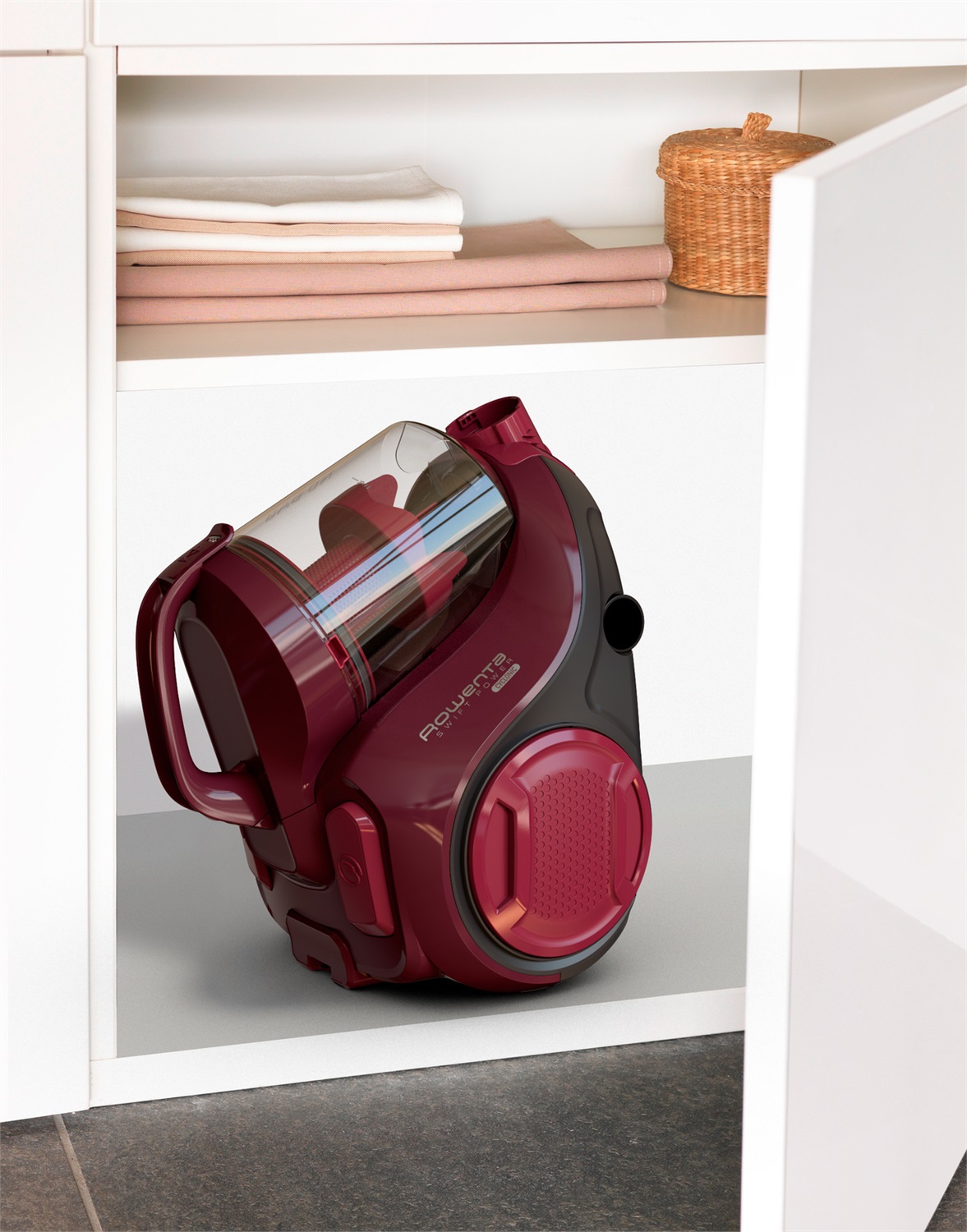 Rowenta Swift Power RO2933 Aspirapolvere a Traino Senza Sacco, 750 W, Tecnologia Ciclonica, Design Compatto, Filtro Igienico, Colore Rosso Vino