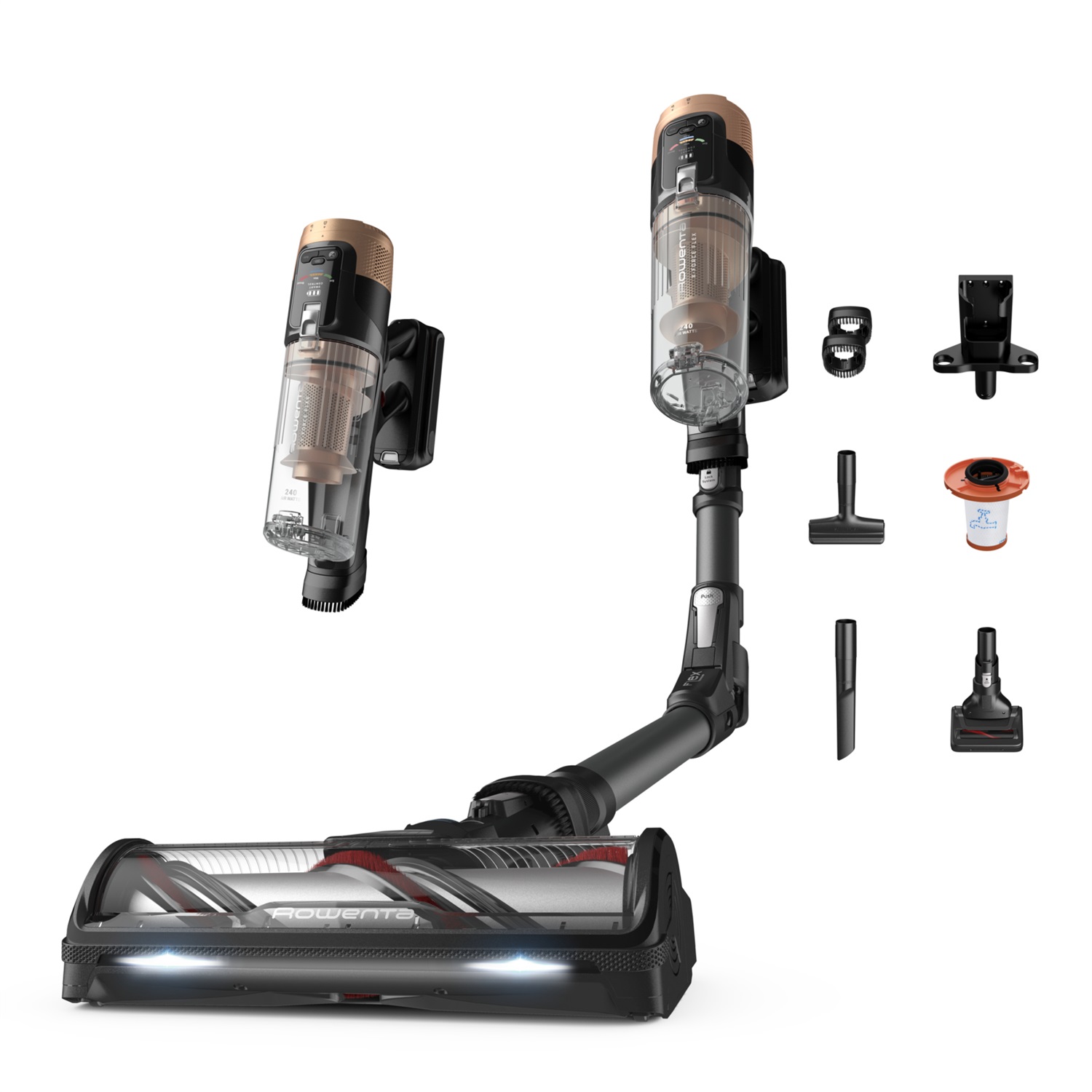 Rowenta X-Force Flex 14.80 RH9B74WO - Aspirapolvere Senza Fili 2 in 1, Potenza di Aspirazione 240 AW, Capacità 0,6 L, Senza Sacchetto, Colore Nero/Oro, Autonomia Fino a 90 Minuti, Modello Animal Care