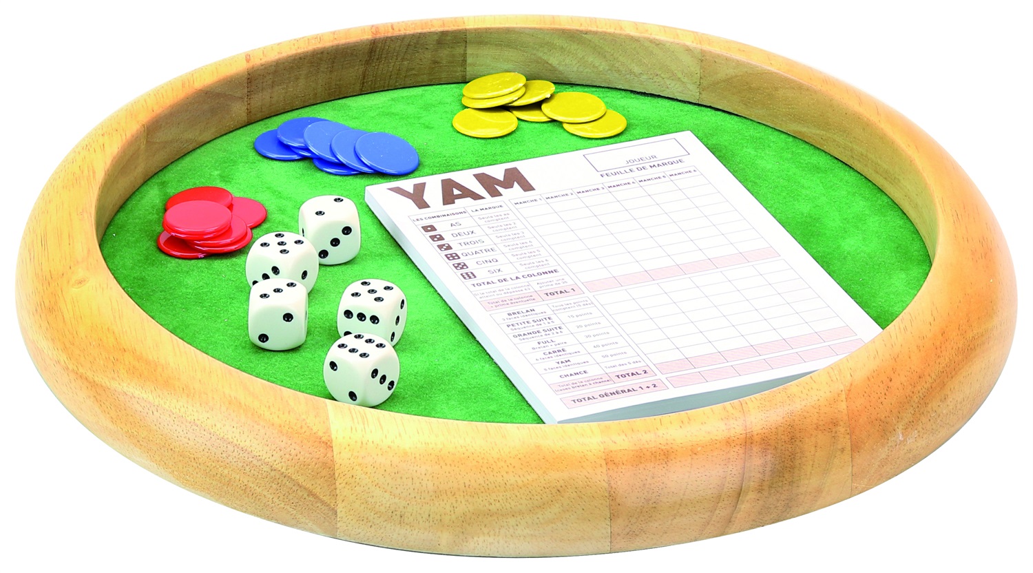 Jeujura Pista di Dadi in Legno Yam 421 con 5 Dadi, 21 Gettoni e Blocco di Yam - Gioco di Società per Bambini da 3 Anni