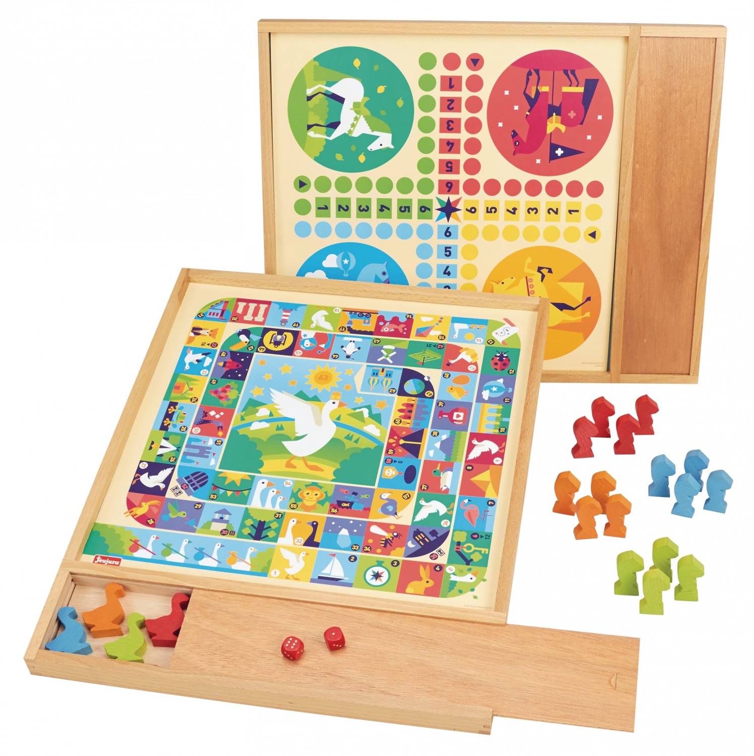 Jeujura 8117 - Gioco da Tavolo Giochi dell'Oca e Piccoli Cavalli con Vassoio in Legno, 4 Oche, 16 Cavalli e 2 Dadi - A partire dai 3 anni