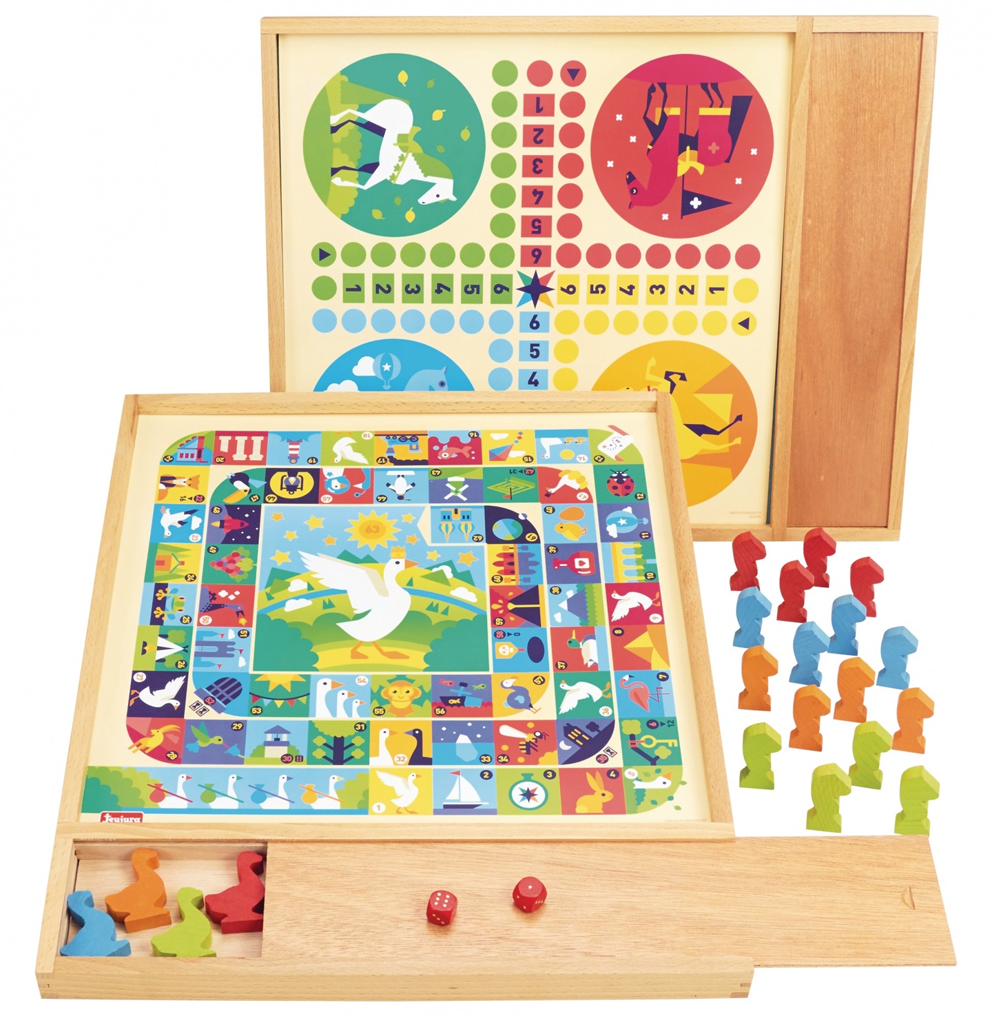 Jeujura 8117 - Gioco da Tavolo Giochi dell'Oca e Piccoli Cavalli con Vassoio in Legno, 4 Oche, 16 Cavalli e 2 Dadi - A partire dai 3 anni