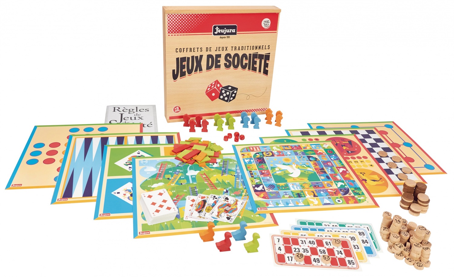 JeuJura 8128 - Set di Gioco da Tavolo Tradizionale in Legno con Cofanetto e 12 Giochi Inclusi