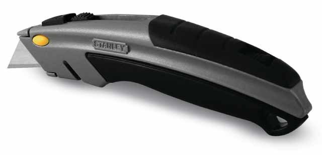 Stanley 0-10-788 Coltello Taglierina a Cambio Rapido, Lama a Trapezio, Corpo in Metallo con Fasce in Gomma, Lunghezza 180 mm
