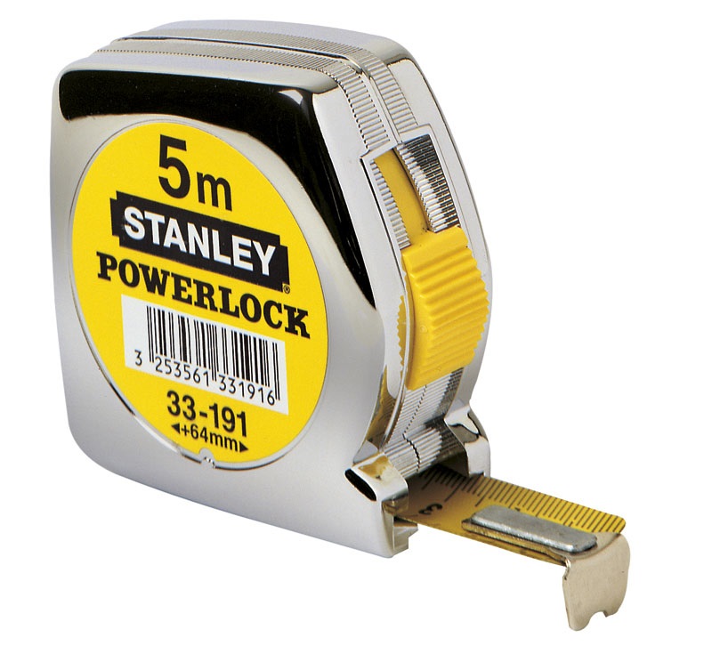 Stanley Flessometro Powerlock 0-33-194 - 5 m x 19 mm, Acciaio al Carbonio Rivestito in Mylar, Con Foro, Clip di Aggancio, Custodia Infrangibile