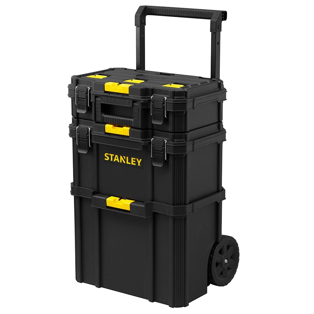 STANLEY STST83319-1 Set Mobile 3 in 1 - Cassetta Portautensili Compatta, Profonda e da Cantiere, Portata 45 kg, Capacità 80 litri, Ruote Gommate da 18 cm, Manico Telescopico
