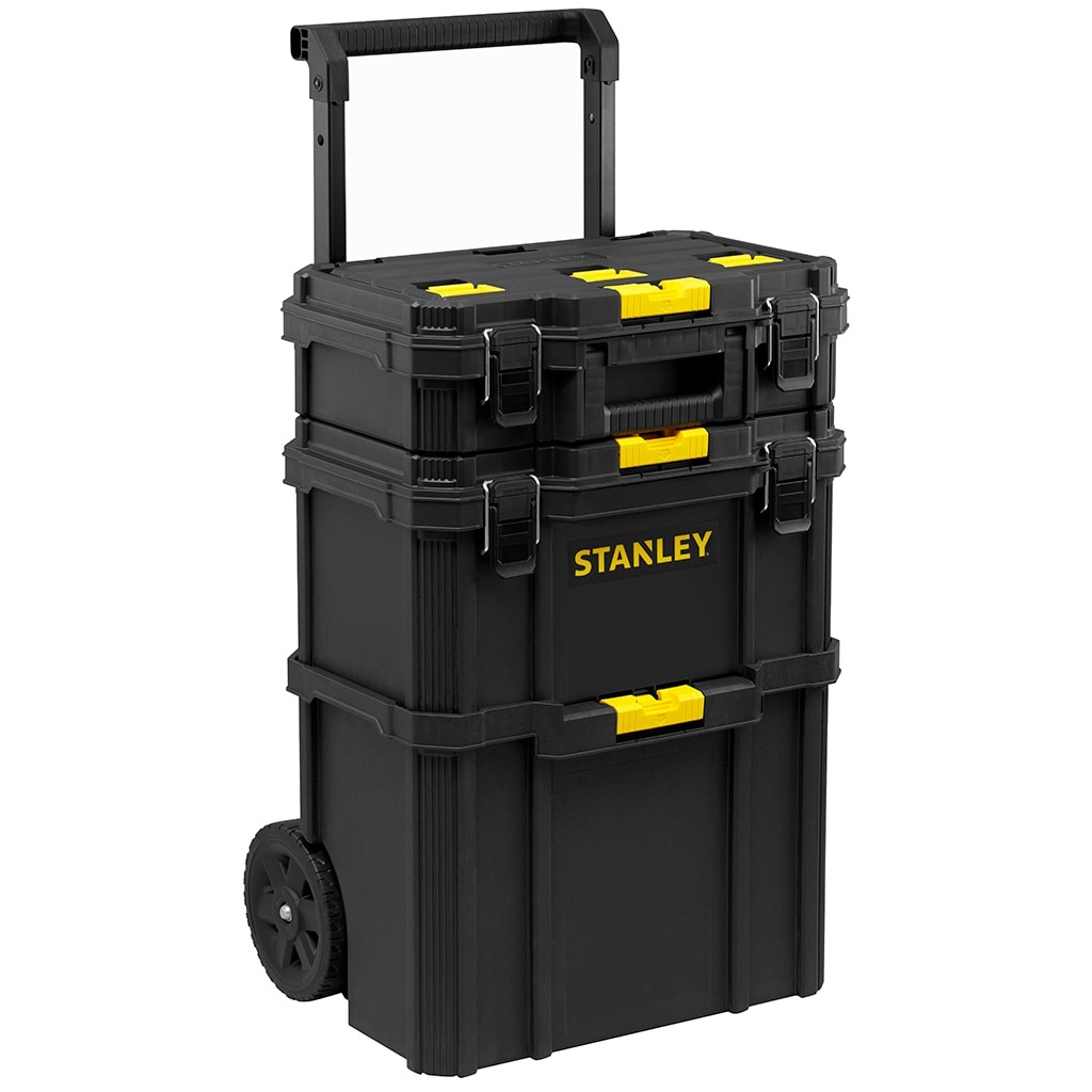 STANLEY STST83319-1 Set Mobile 3 in 1 - Cassetta Portautensili Compatta, Profonda e da Cantiere, Portata 45 kg, Capacità 80 litri, Ruote Gommate da 18 cm, Manico Telescopico