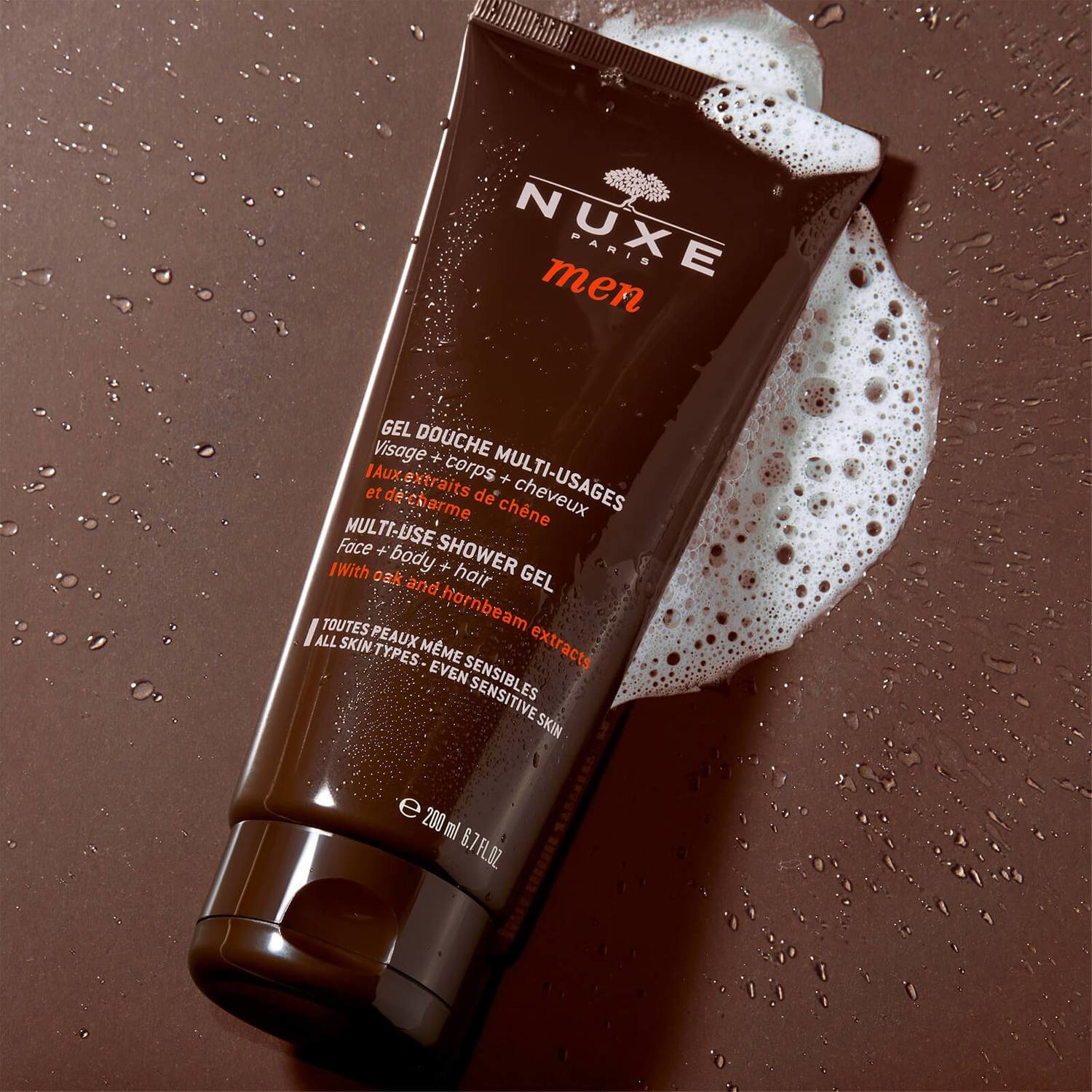 NUXE Men Gel Doccia Multiuso 200 ml - Viso, Corpo e Capelli con Estratti di Quercia e Carpino, Base Vegetale e pH Fisiologico