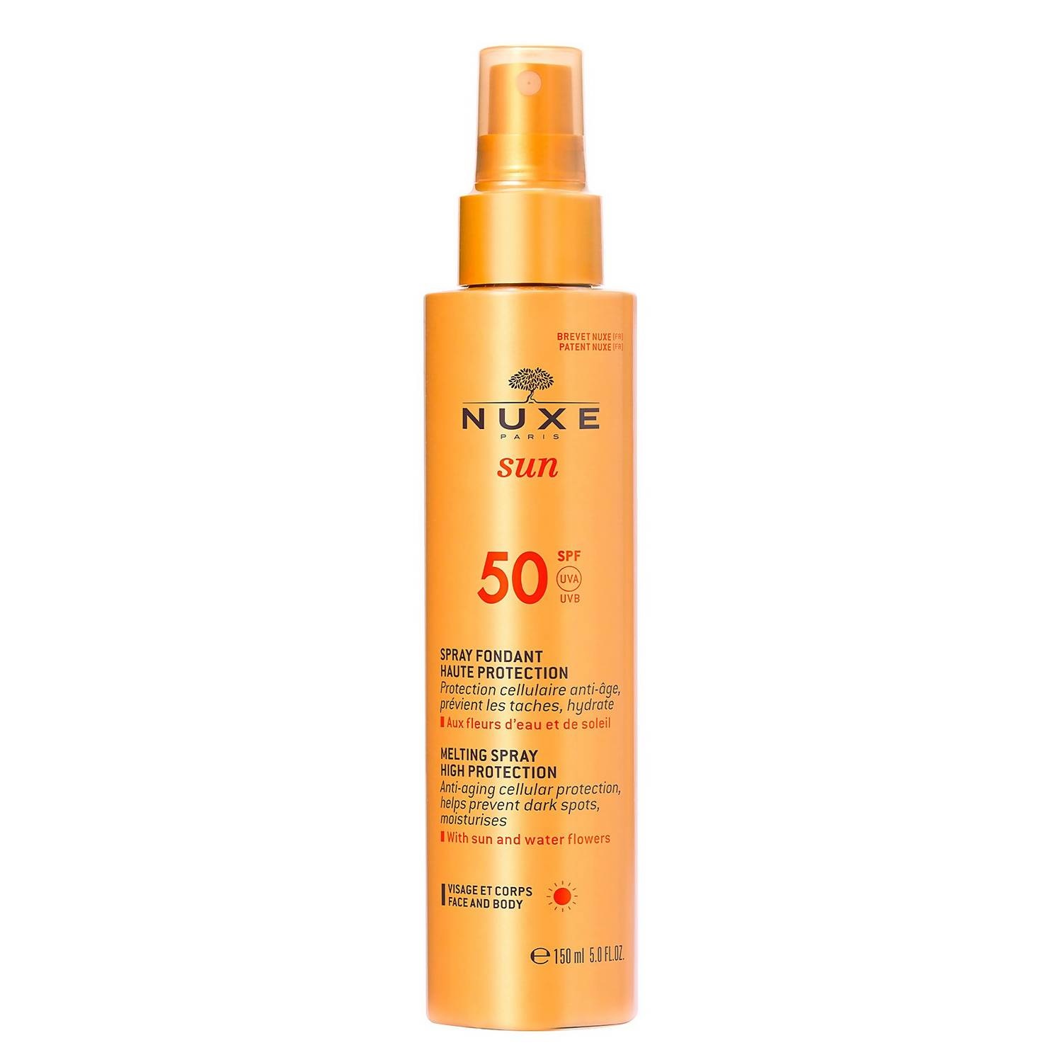 Nuxe Sun Spray Solare Viso e Corpo SPF50 - Alta Protezione, 150 ml, ai Fiori di Acqua e di Sole