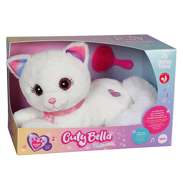 Gipsy Toys Cuty Bella Fashionista - Peluche Interattivo Gatto Morbido che Illumina e Suona - 30 cm - Bianco Rosa