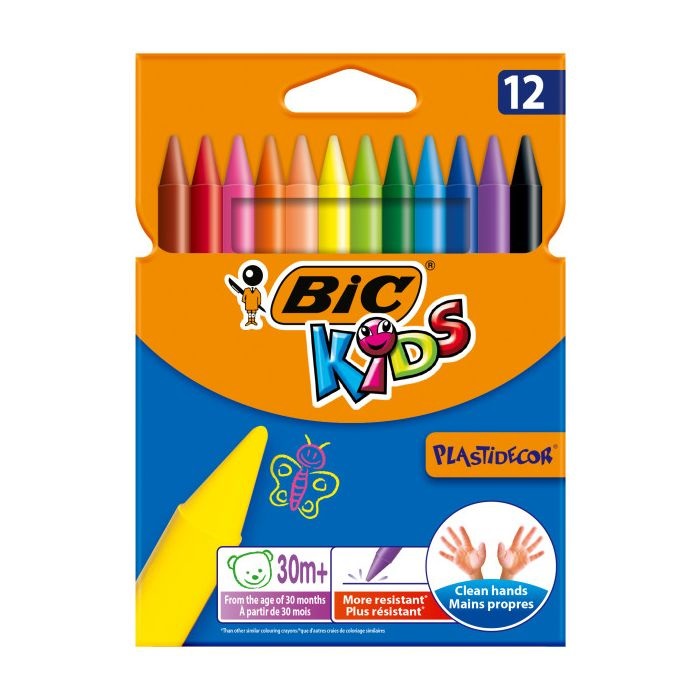 BIC Kids Pastelli Plastidecor - Plastica - 12 Colori Assortiti - Astuccio da 12 Pezzi - Ultra-resistenti e Facili da Impugnare