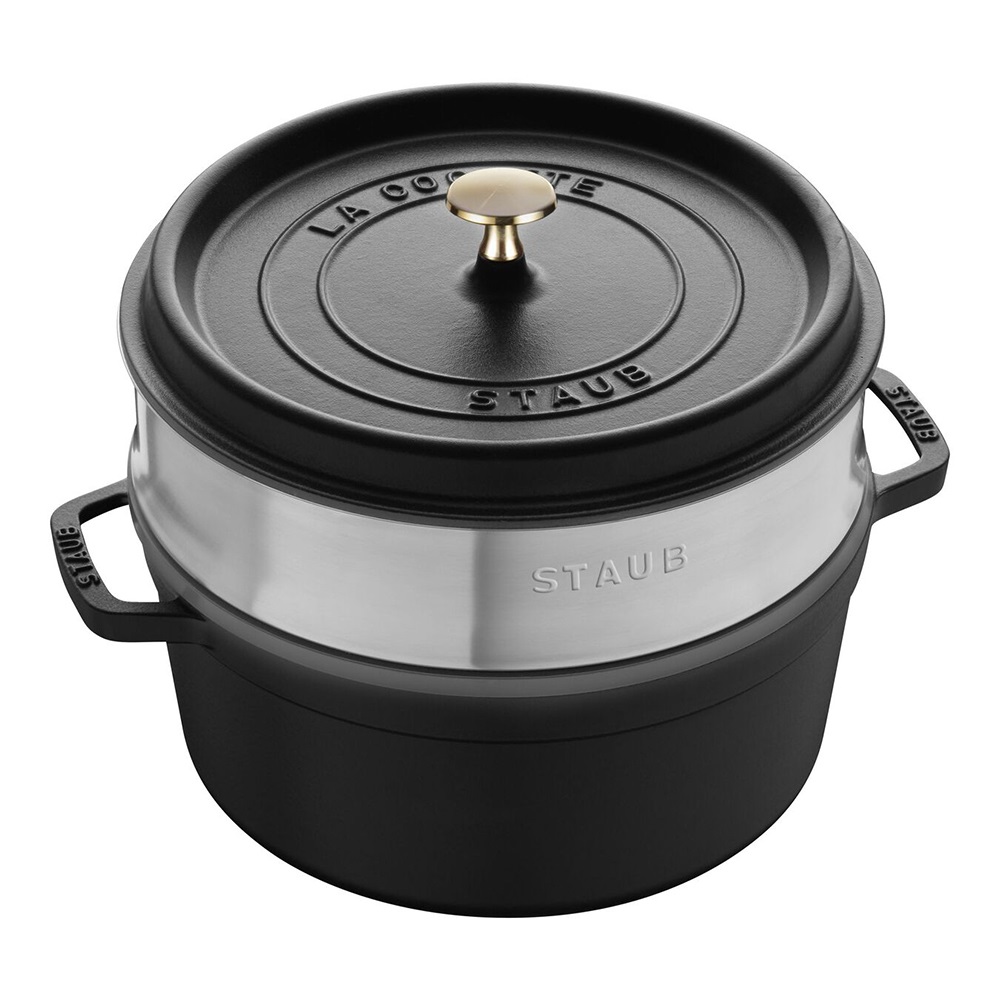STAUB La Cocotte Tonda 26 cm Nero con Cestello per Cottura a Vapore in Acciaio Inossidabile