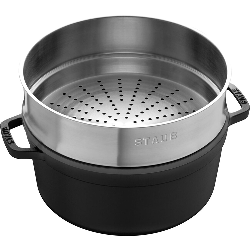 STAUB La Cocotte Tonda 26 cm Nero con Cestello per Cottura a Vapore in Acciaio Inossidabile
