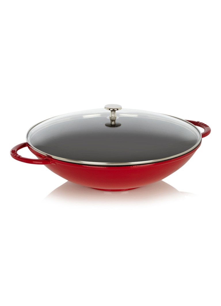Staub Wok Medio in Ghisa 30 cm Rosso Ciliegia con Coperchio in Vetro - Versatile per Cottura al Salto, Friggere e Cuocere a Vapore